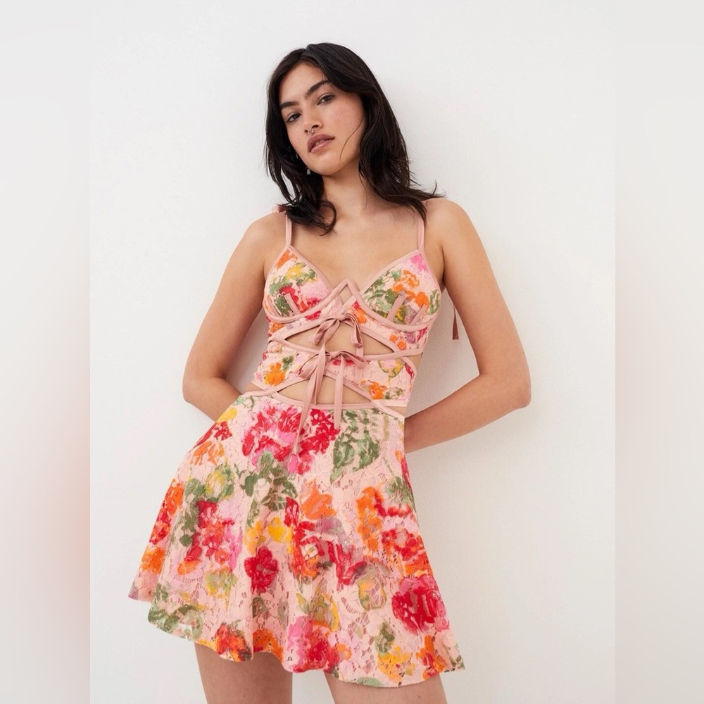 For Love & Lemons Dascha Mini Dress in Pink Large Floral Cut Out Lace Lined